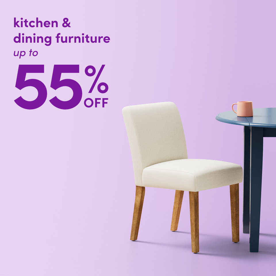 Kitchen and dining furniture up to 55% off with a cream upholstered dining chair, a blue table, and a pink mug on a purple background.