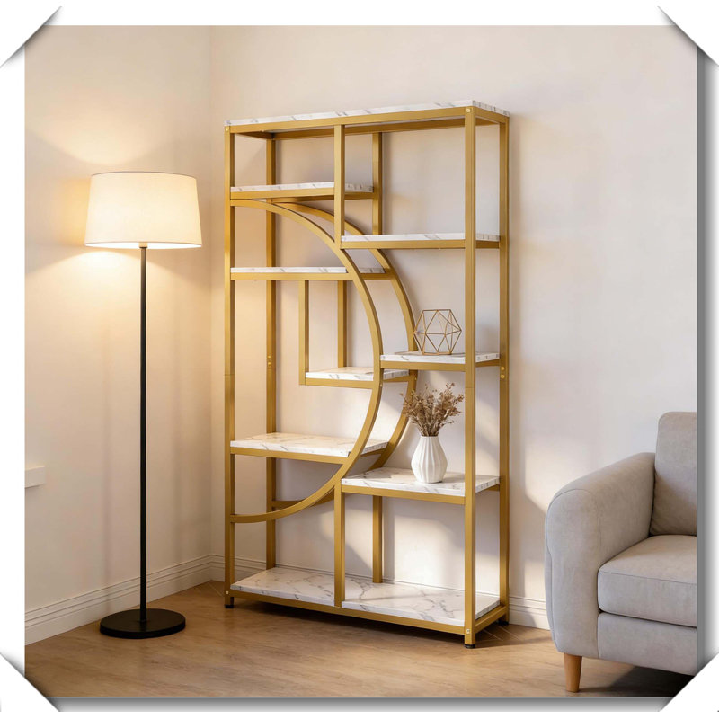 Geometric Design Freestanding Bookshelf Versatile Display Shelves Industrial Style, Black/ Gray