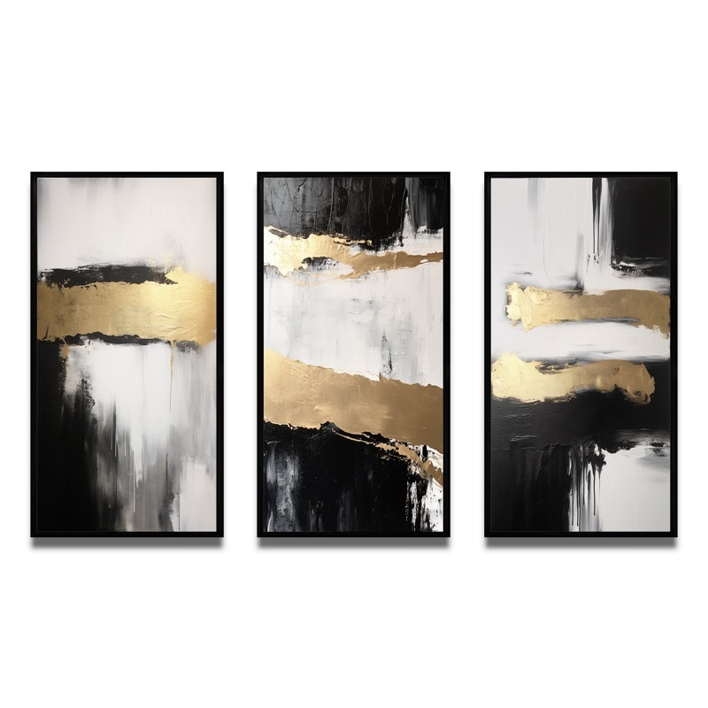 3 pièces sur toile - Dimensions horizontales abstrait doré noir VI, Cadre flottant noir, H 40 po x l 60 po