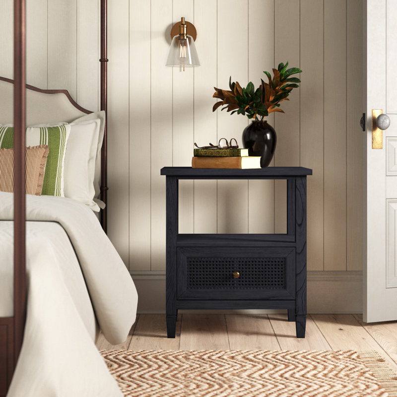 Charleston Wooden 1-Drawer Cane Nightstand, Washed Black