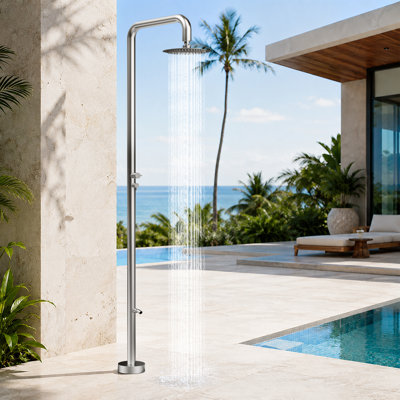 Douche extérieure autoportante de 239 cm (94 po) de hauteur, en acier inoxydable 316 de qualité marine, système de douche extérieure à eau froide à deux fonctions avec pommeau de douche à effet pluie orientable et douchette pivotante pour les pieds, en acier inoxydable brossé, certifié cUPC et NSF.