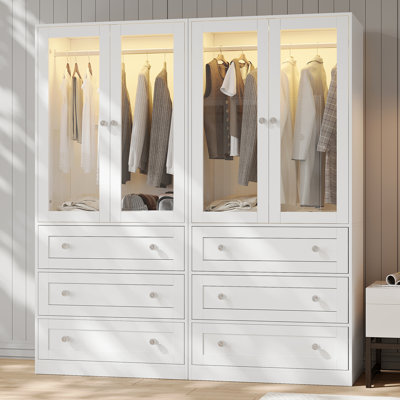 Wardrobe Closet With Drawers And Light, 75" Armoire With Hanging Rod, 2 Doors Wooden Wardrobe Cabinet For Bedroom