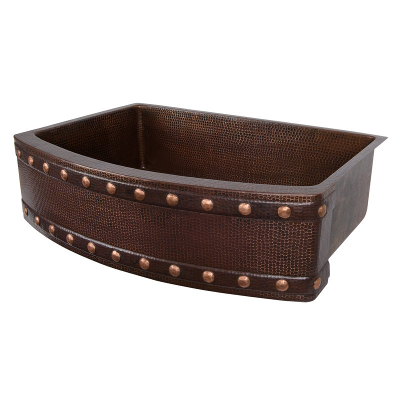 30" Hammered Copper Rounded Apron Front Single Basin Kitchen Sink with Barrel Strap Design
