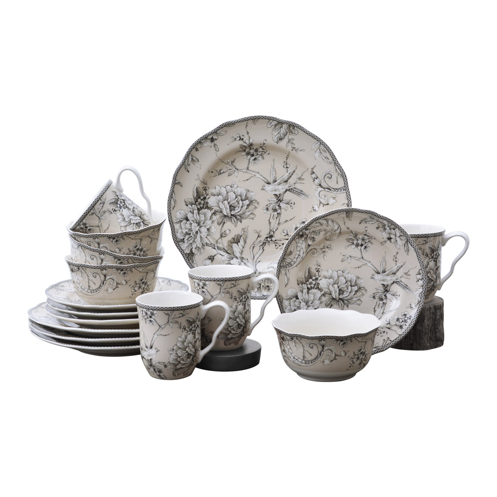 Adelaide Porcelain Dinnerware Set - Service for 4, Floral, Beige