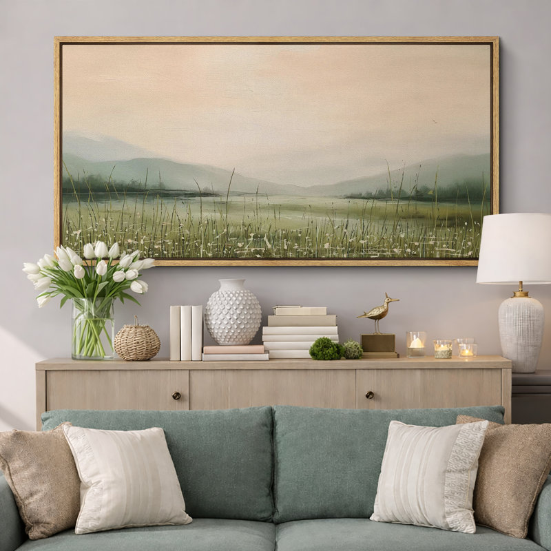 Paysage de campagne rustique avec lac tranquille et serein, H 30 po x l 60 po, Naturel