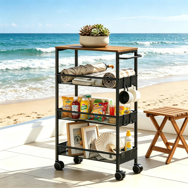 Vintage Brown Wood & Metal Kitchen Trolley, 4-Tier Lockable Rolling Storage Unit with Side Handle & Hanging Hooks, Freestanding Kitchen Island Trolley for Kitchen, Bathroom, Studio & Living Room