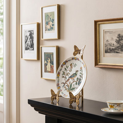 Sculpted Butterfly Brass Plate Display Stand, Antique Gold Glam Tabletop Holder for Decorative Plates & Platters