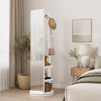 360° Rotating Full Length Mirror with Coat Rack, Solid Wood Frame, Space-Saving