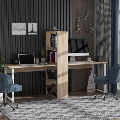 Bureau d'ordinateur très long pour 2 personnes avec tablettes de rangement HOMcom