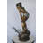 Copper and Metal Girl looking at frog jumping bronze fountain -  Size: 21"L x 15"W x 38"H.