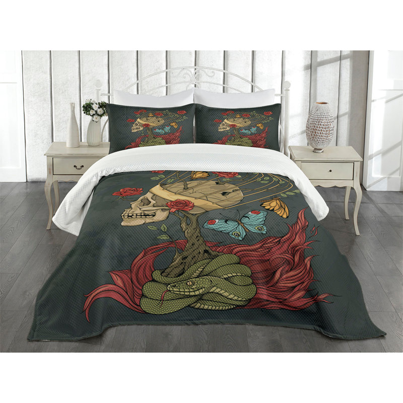 Ambesonne Skull Bedspread Set Evil Mexican Sugar Ruby Dark Grey, King Bedspread + 2 Standard Shams
