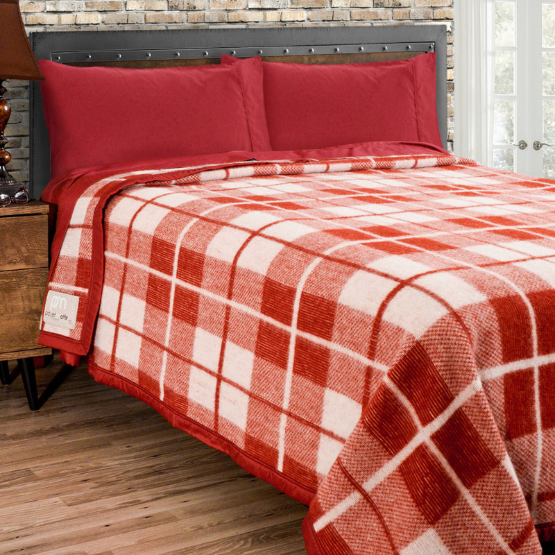 Couverture 100% laine vierge Lyon, Grand, Naturel / rouge
