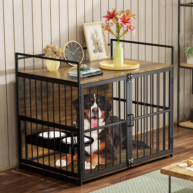 Grande cage pour chien avec portes doubles et deux bols