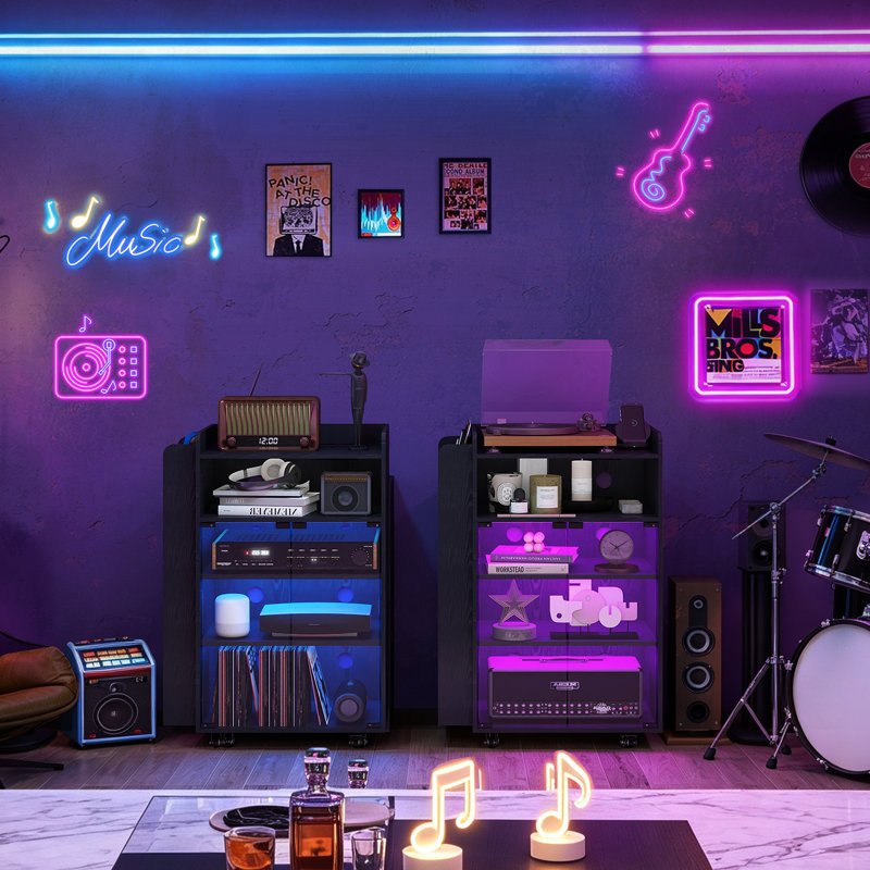 Meuble multimédia avec tablette de rangement pour disques vinyles, porte vitrée, noir