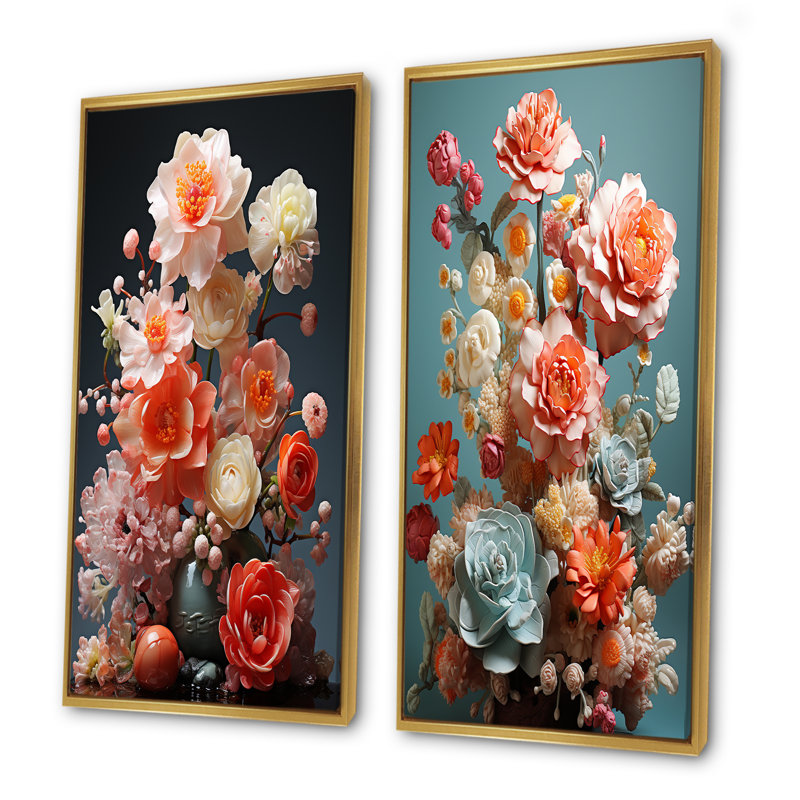 Floral Oasis Bouquet I - Fleurs, ensemble de 2 reproductions d'art mural, Encadrement doré, H 40 po x l 41 po