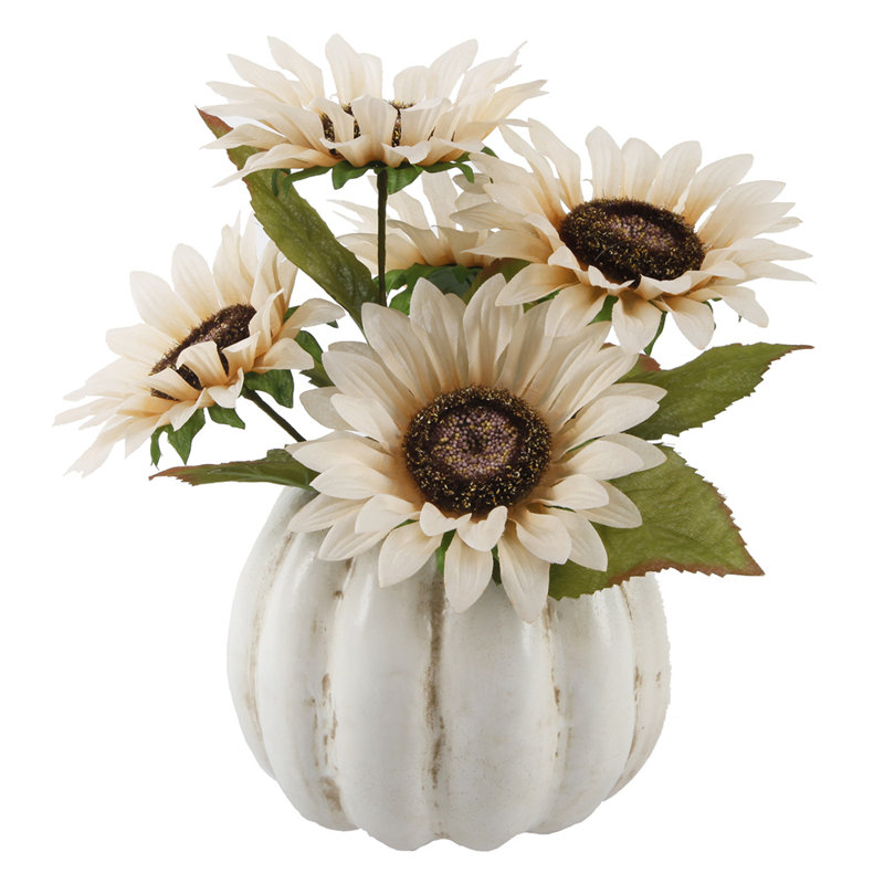 Arrangement floral tournesol dans un pot de citrouille, Crème
