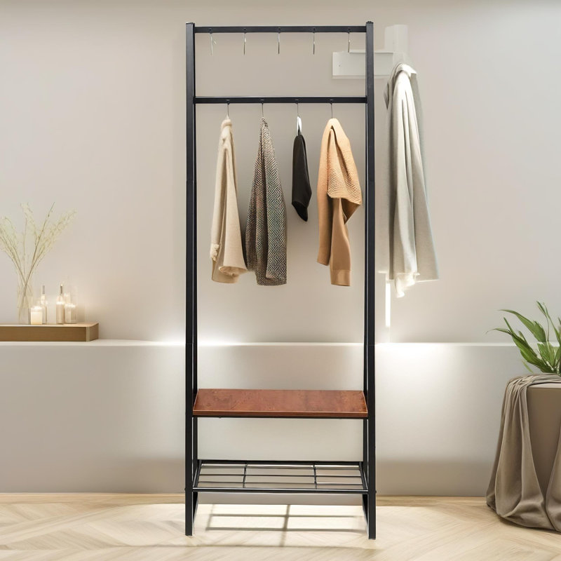 Hall Tree 65cm Wide Industrial Coat Rack Stand With 2 Shoe Storage Shelves