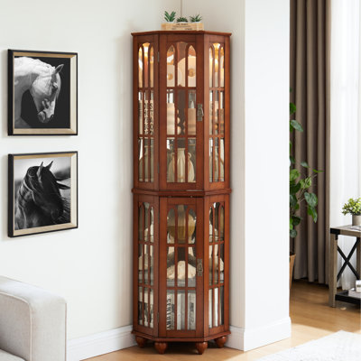 Vitrine de coin en bois massif avec tablettes réglables en verre et 4 lumières