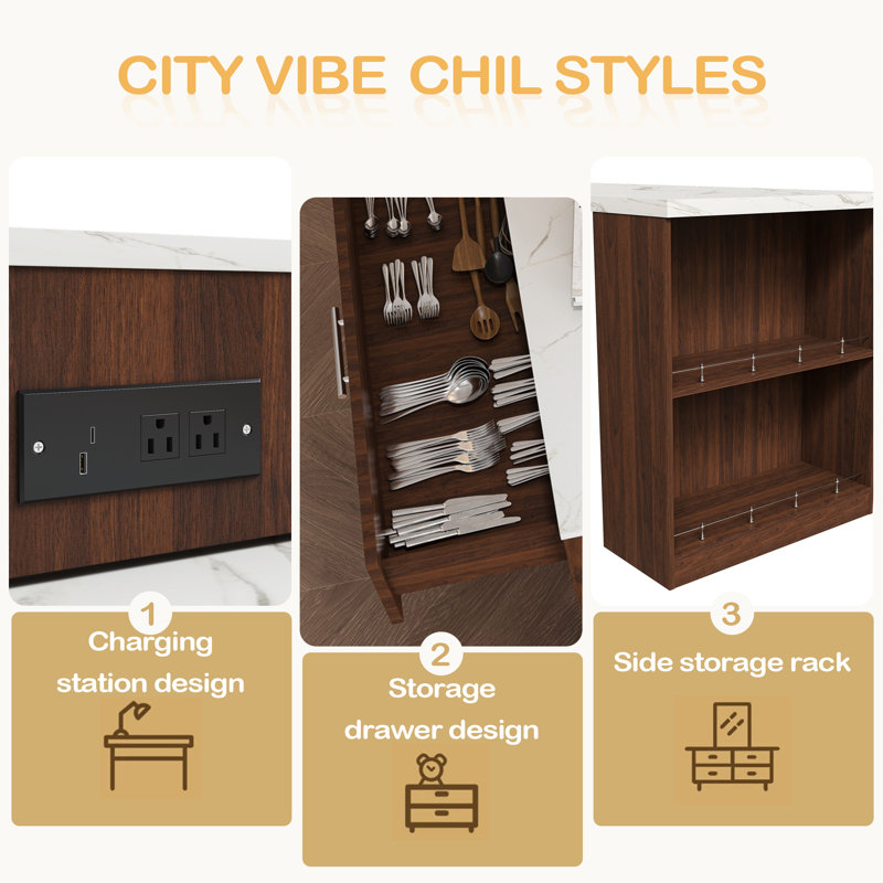 80-Inch Expandable Kitchen Island With Dining Table, Marble-Grain Countertop With Power Outlet, Mobile Storage Cart With Cabinet & 2 Drawers