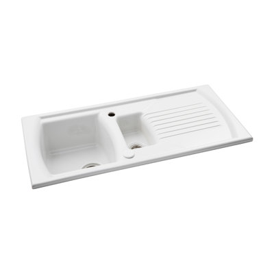 Abode Designs Milford 500mm W Double Bowl Ceramic Kitchen Sink with 2 Faucet Holes