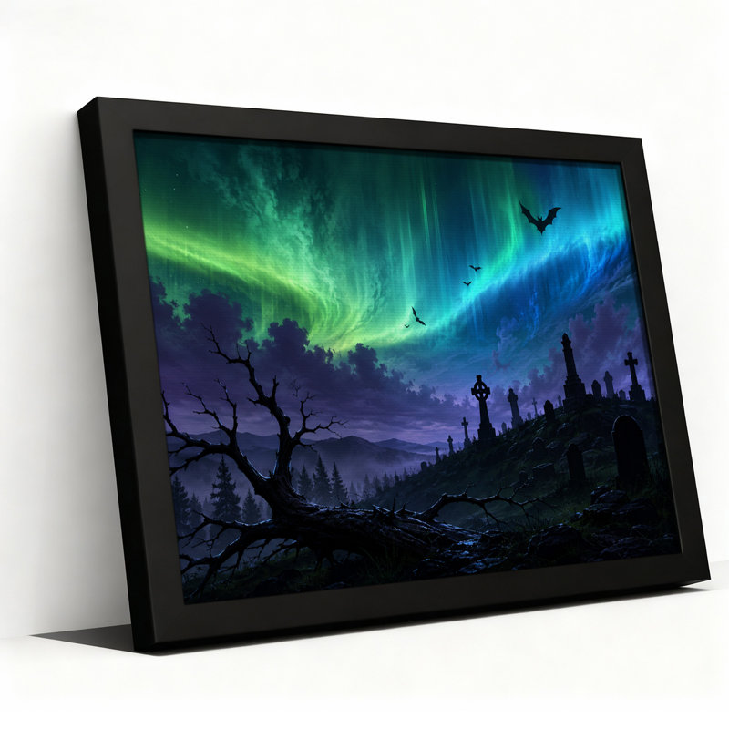 Aurores boréales et chauves-souris au-dessus d'une silhouette de cimetière, tableau mural sur toile pour l'Halloween