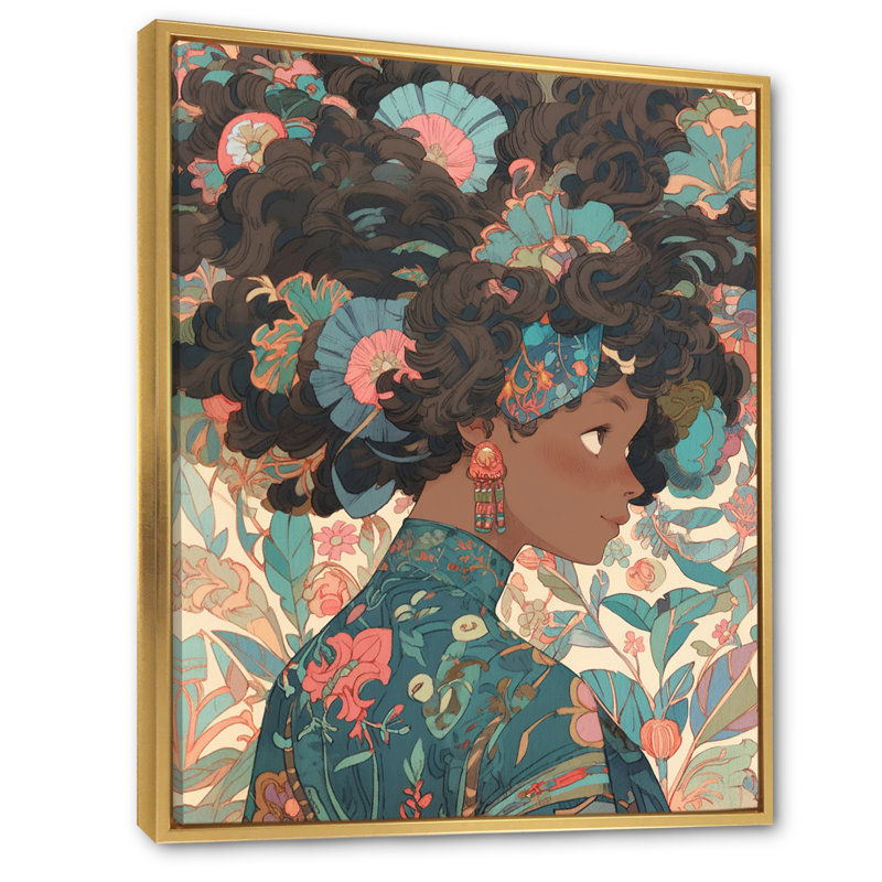 Fille afro-américaine en mode rétro, H 40 po x l 30 po x P 1,5 po, Cadre flottant doré