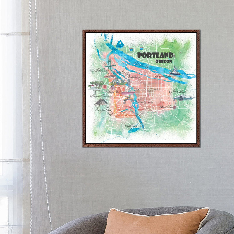 Portland Oregon USA Illustrated Map by Markus & Martina Bleichner - Painting on Canvas, Classic Brown Wood Floater Framed