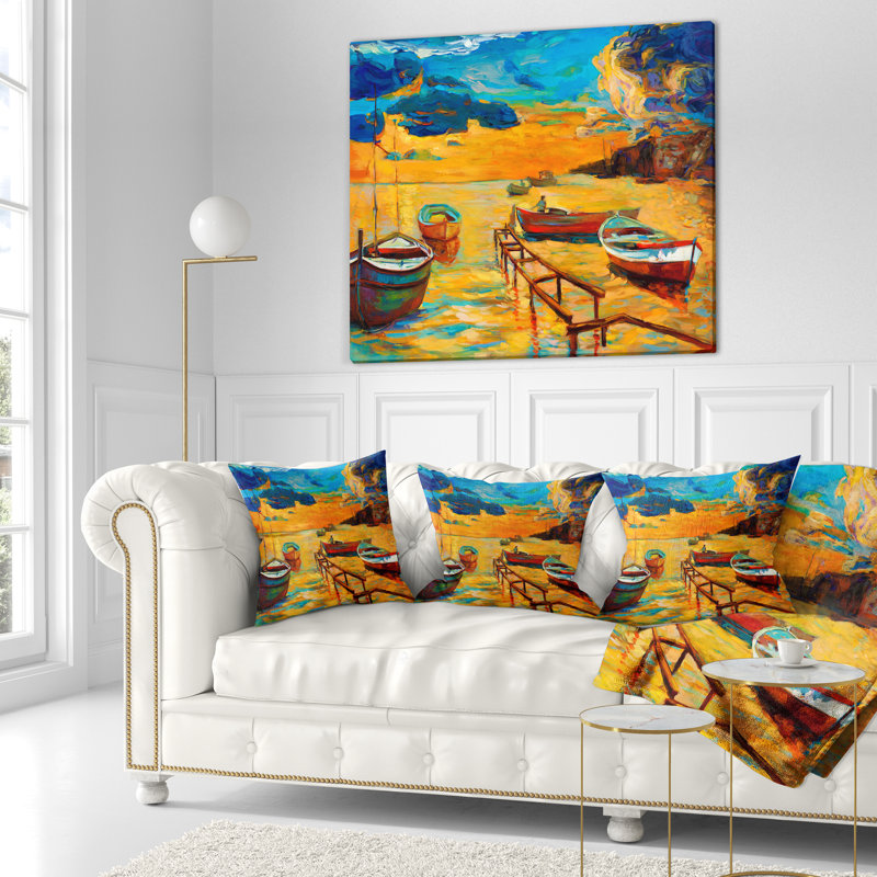 Bateaux dans une belle mer - Coussin à imprimé paysage, 16 po x 1 po, Coussin décoratif