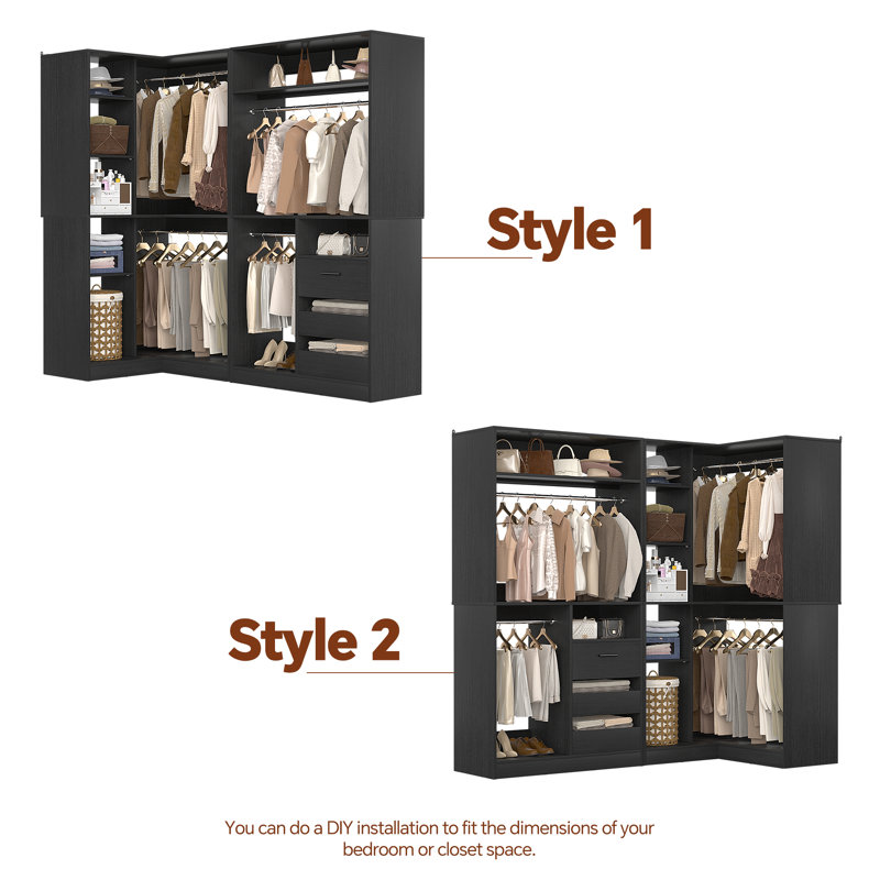72"Closet System With 3 Drawers,3 Long Rods And 1 Short Rod, Black