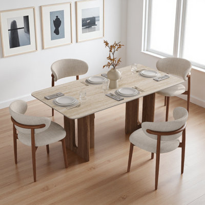 5-piece Modern Dining Table Set, 63" Rectangular Sintered Stone Dining Table With Walnut Wood Base & 4 Fully Assembled Upholstered Dining Chairs, Easy Setup Kitchen Table Set For Dining Room