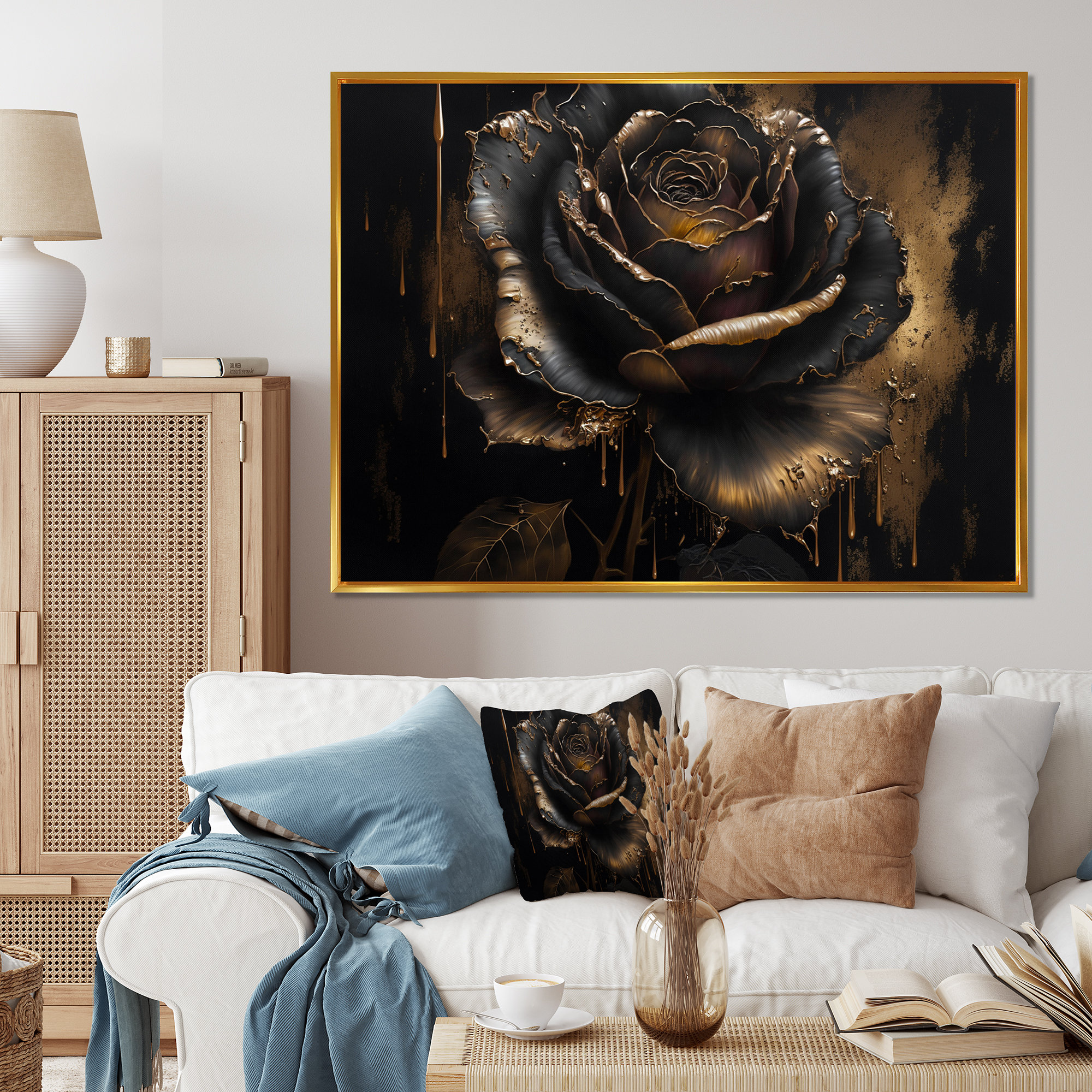 Black Golden Flower Abstract Wall Art Canvas Print, Black Golden