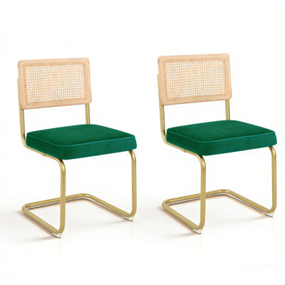 Set Of 2 Modern Armless Dining Chairs, Green Velvet Upholstered Cushion With Natural Rattan Backrest & Gold Metal Legs, Accent Chairs For Kitchen, Living & Dining Room