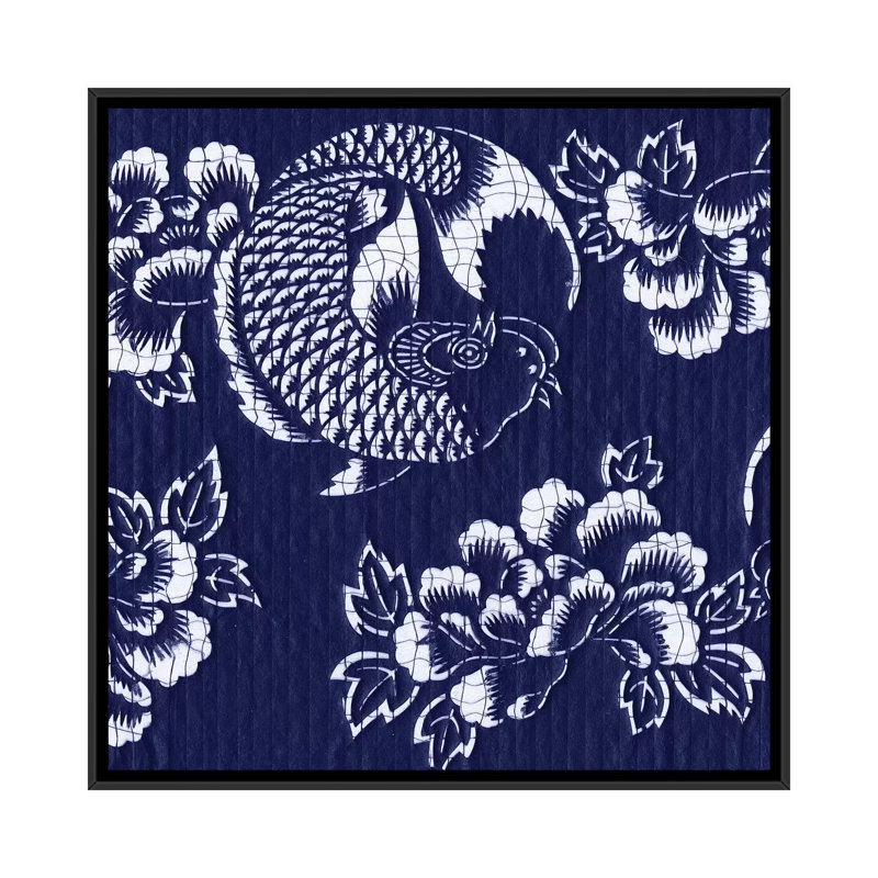 « indigo carp katagami ii », reproduction d’impression sur toile tendue, H 18 po x l 18 po x P 1,5 po, Toile avec cadre noir