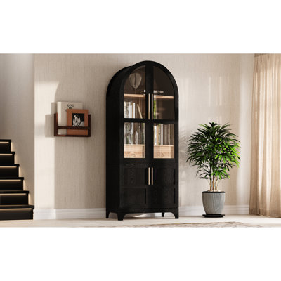 Tall 71" Arched Pantry For Kitchen, With 4 - Door Internal Storage, Adjustable Shelves, Hidden Drawer And Tip Kit, Black Color 71 Inch Kitchen Storage Doors, 2 Soft Close Hinge, Wood Grain