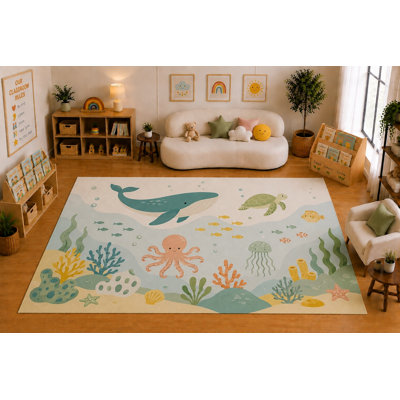 "Ultra Lightweight" Large 6'7" x 9'10" Underwater Ocean Animals Area Rug for for Kids Room, Classroom, Bedroom, Playroom Decor, Soft Low Pile Indoor Rug with Non-Slip Silicone Backing, Aqua Cream Multicolor