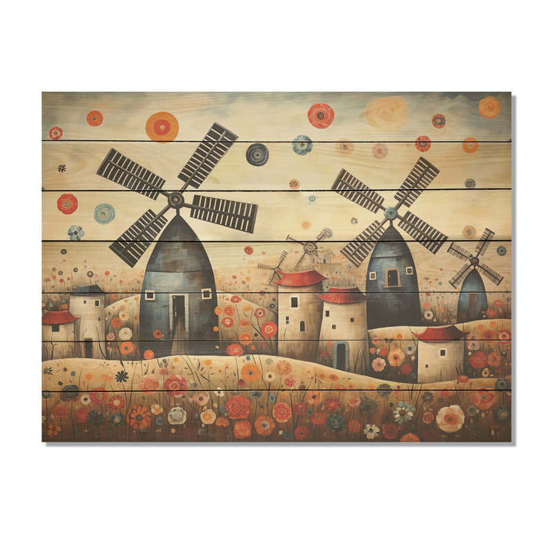 Folk Art Wind Turbines Village V - Éoliennes sur bois, H 34 po x l 44 po