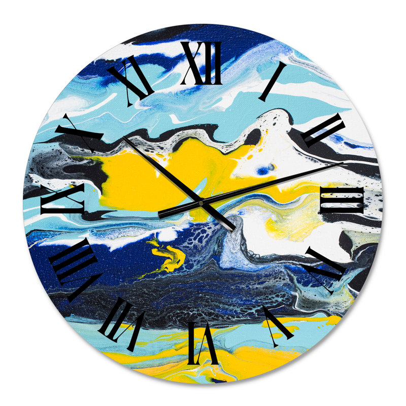 Composition abstraite de marbre jaune et bleu II - horloge murale moderne, Petit