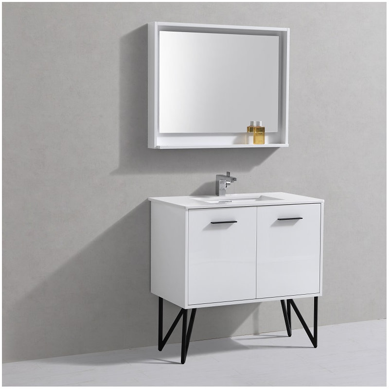 Ensemble de meuble-lavabo simple 36 po avec miroir Almaraz, Blanc brillant