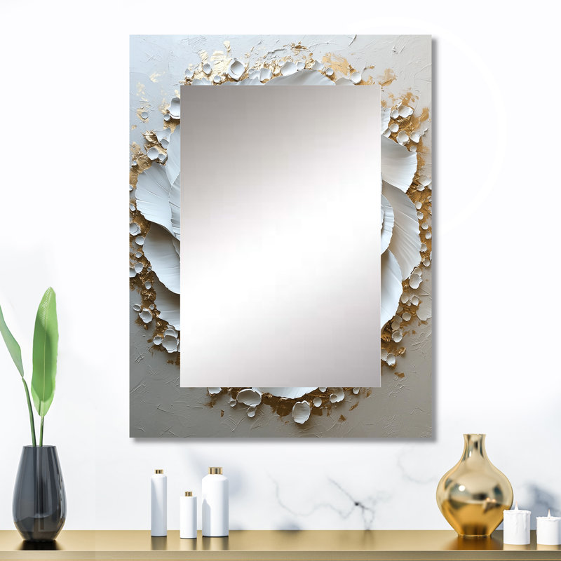 White And Gold Rose In Vortex Love IV - Abstract Spirals Decorative Mirror, Modern Wall Mirror, Printed Metal Art, 32" x 24"