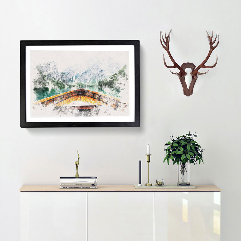 Boat in Lago di Braies Italy - Picture Frame Graphic Art Print, 36cm H x 48cm W x 2cm D, Black Framed