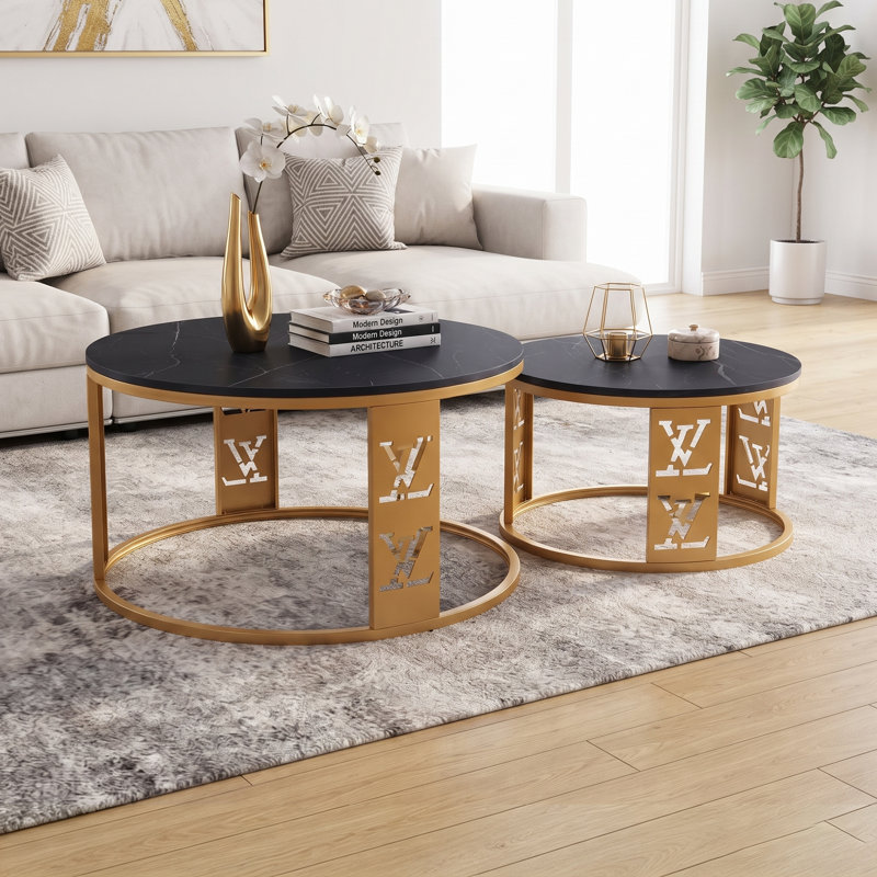 Ensemble de 2 tables basses gigognes, plateau en imitation marbre et structure en métal doré, tables basses modernes gain de place pour salon
