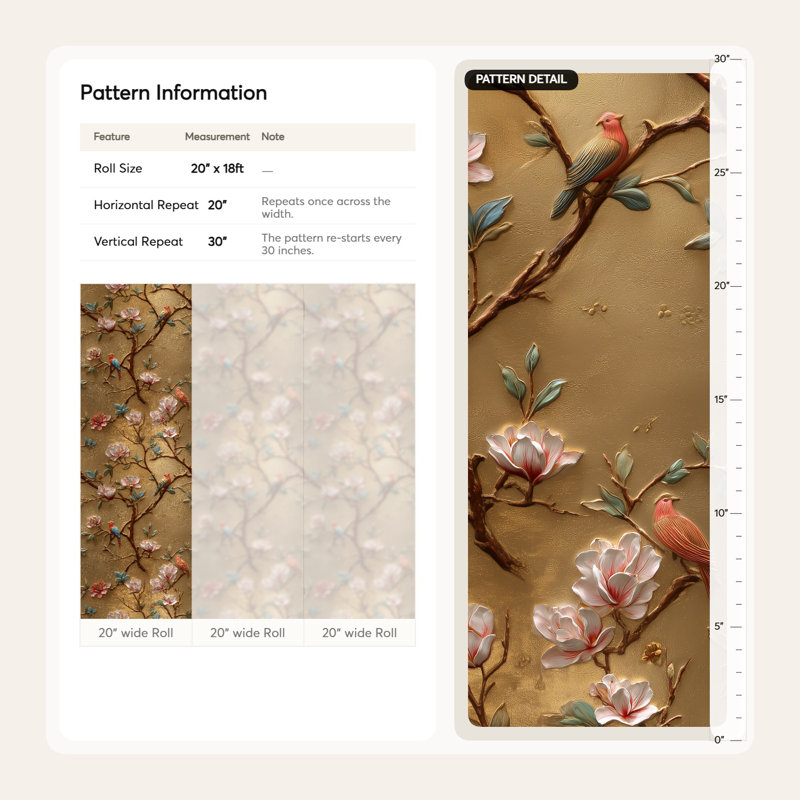 Papier peint floral avec oiseaux or