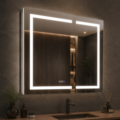 Armoire à pharmacie encastrée de 42 po L x 36 po H avec éclairage DEL, miroir grossissant 5x, prise GFCI et étagères réglables.