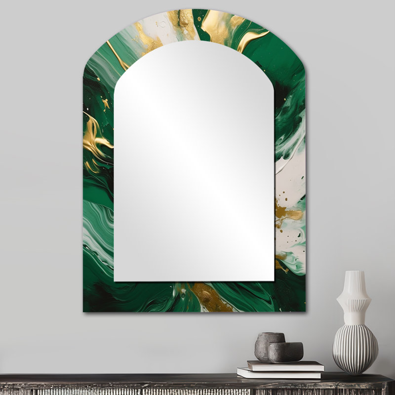 Green and Gold Serene Cascade II - Abstract Arch Mirror, Green Asymmetrical Decorative Wall Mirror, Printed Metal Art