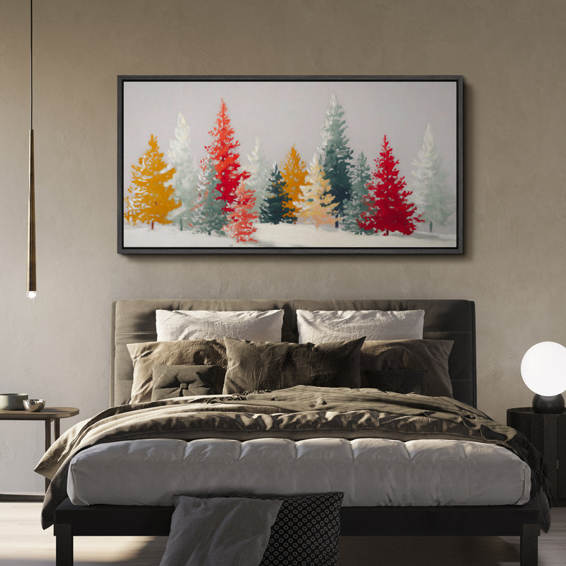 «Christmas Holiday Celebration Colorful Snowy Pine Forest», très grande image, impression sur toile encadrée, Noir