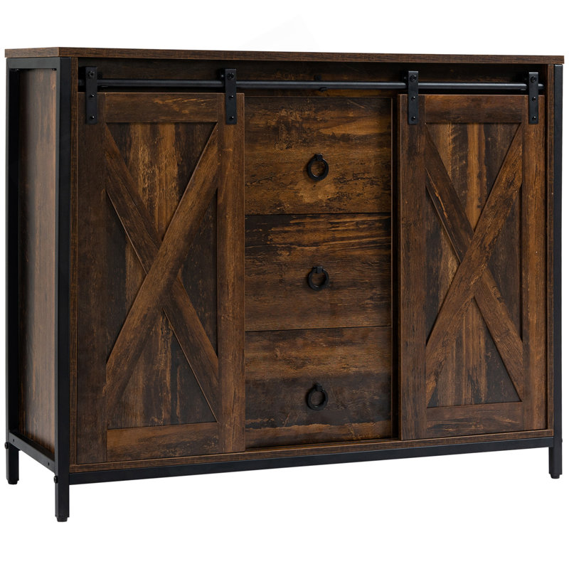 Buffet industriel avec portes de grange coulissantes, trois tiroirs et tablettes réglables pour un rangement organisé