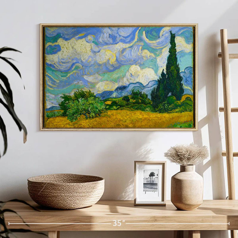 Champ de blé avec cyprès, 25 po x 17 po, Cadre flottant en bois naturel