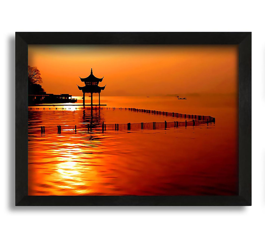 Gerahmtes Leinwandbild Sunset Orange Lake Calm