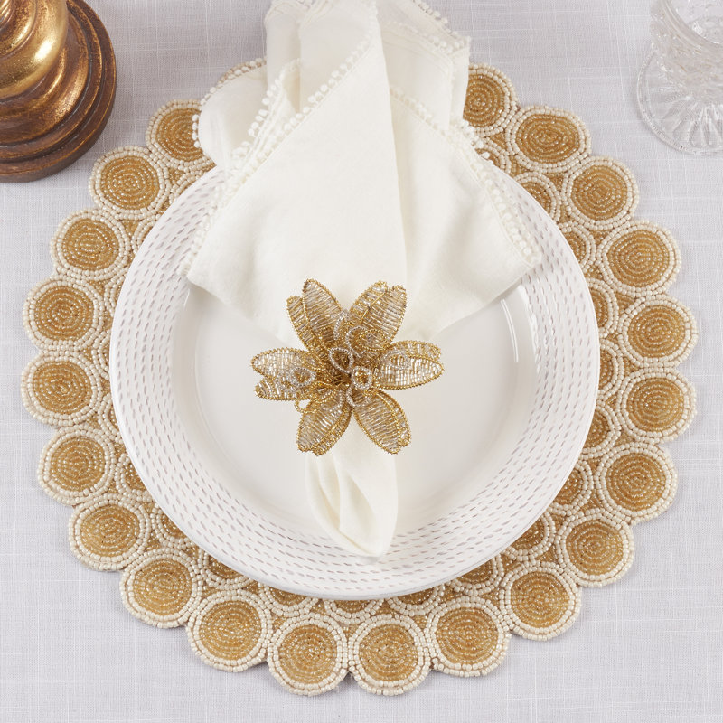 Gold Beaded Flower Design Napkin Rings, Set of 4
