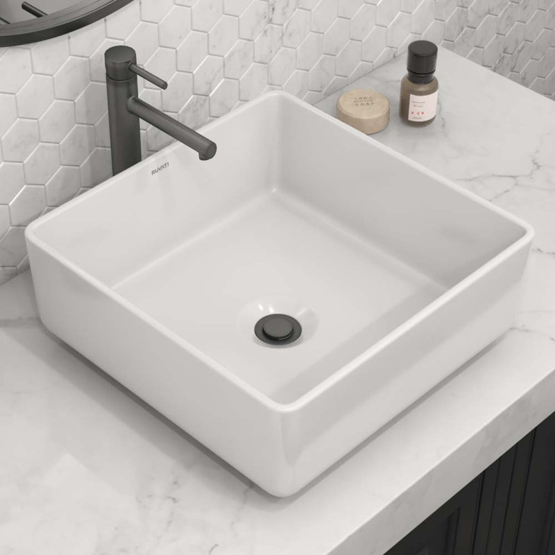 Ruvati 15 x 15 inch Bathroom Vessel Sink Gold Patterned Above Counter Porcelain Ceramic, Rose Gold/White